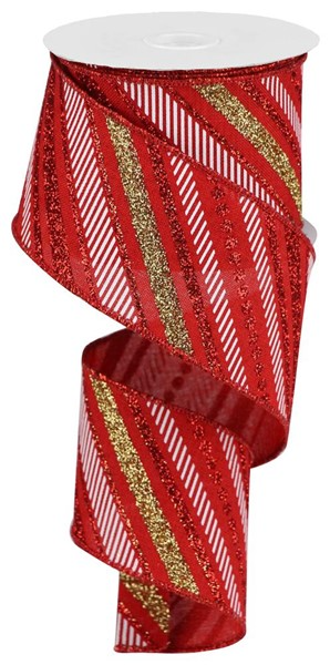 2.5-inch wide wired ribbon with diagonal red, white, and gold glitter stripes on a spool.
