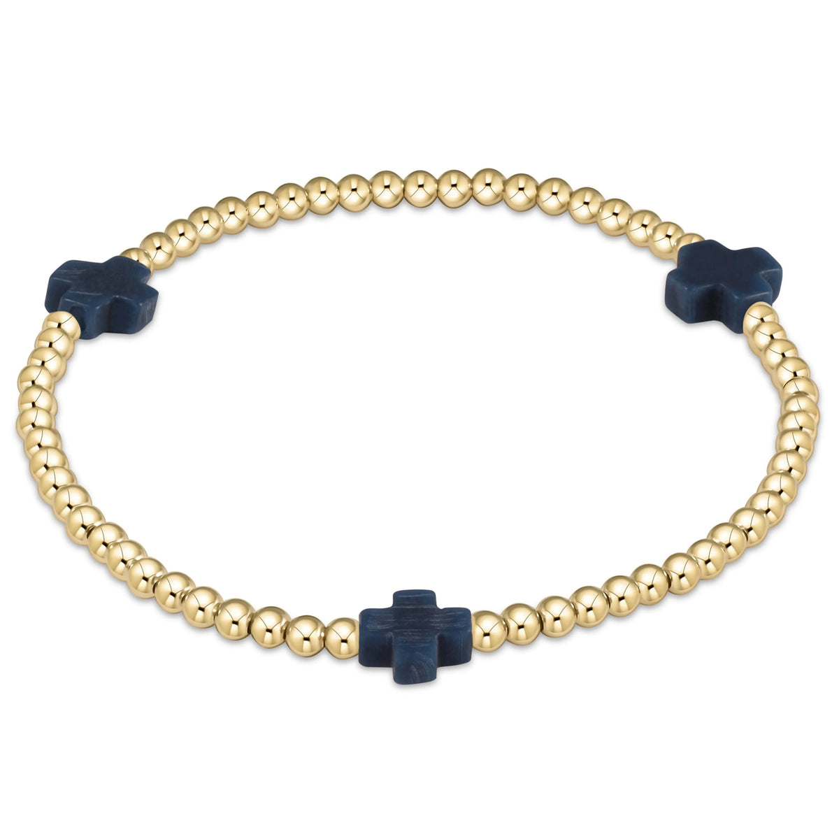 Signature Cross 3mm gold-filled bead bracelet with three dark blue cross accents.