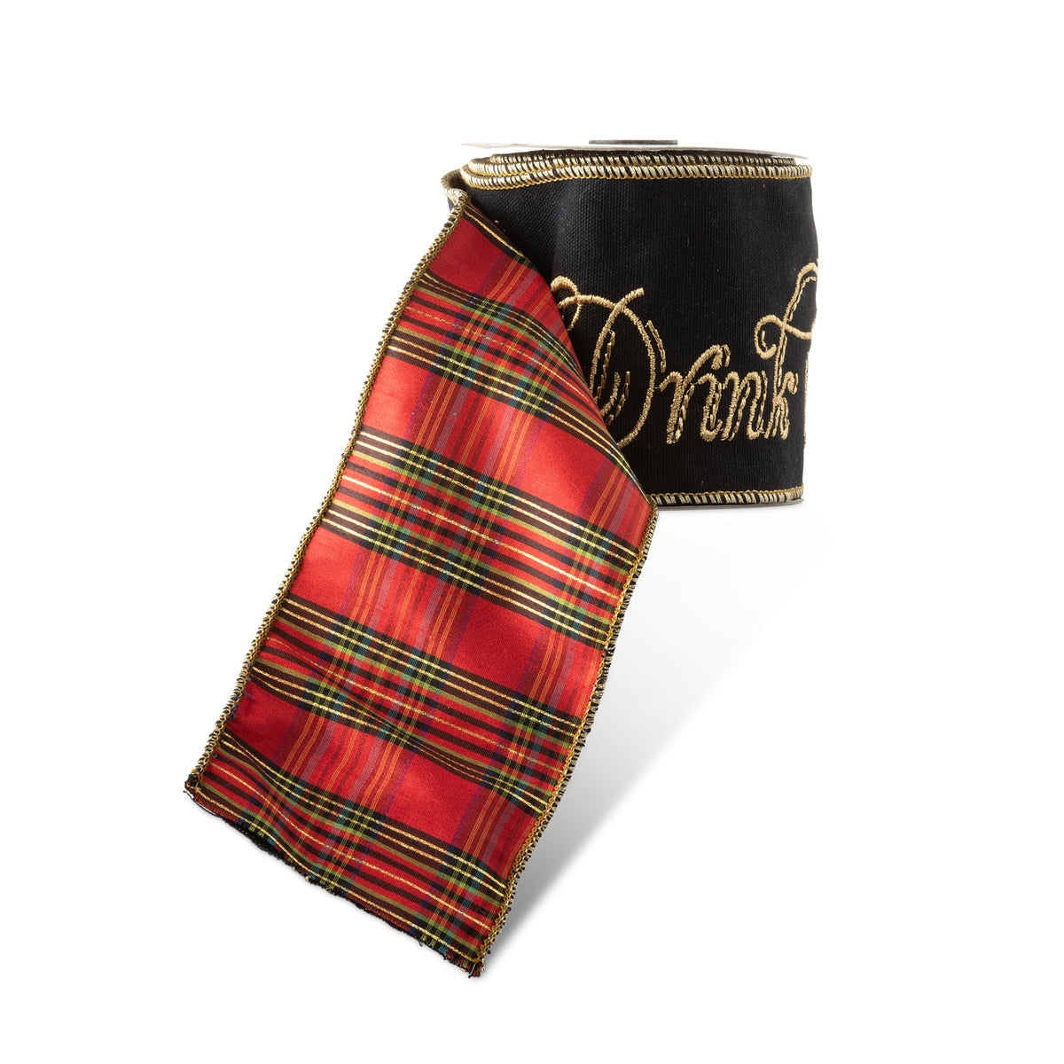 Holiday Script Velvet and Taffeta Plaid Ribbon in black and red with gold embroidered text.