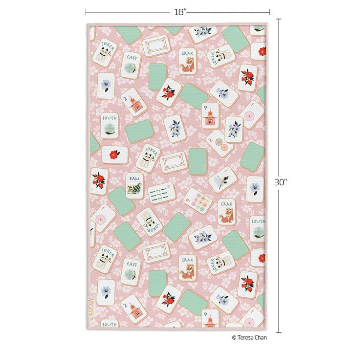 Mahjong Microfiber Kitchen Towel with a pink floral pattern and mahjong tile illustrations.