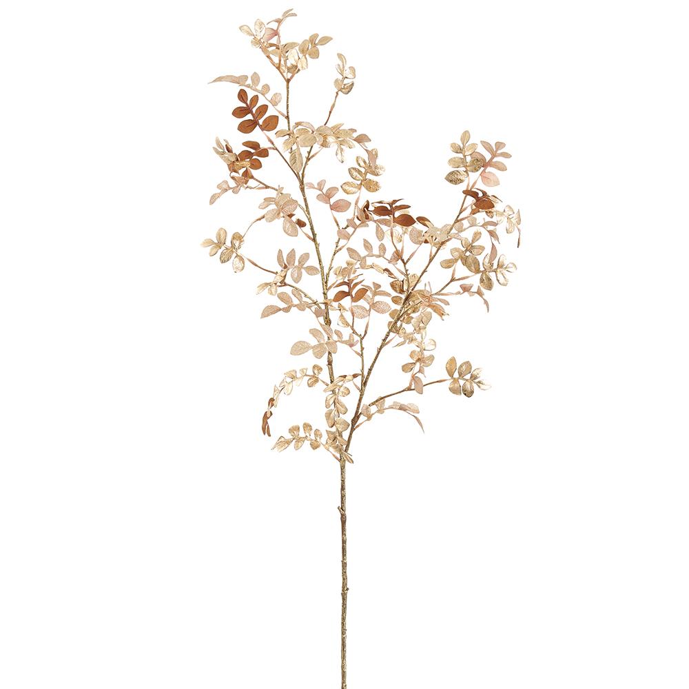 44-inch metallic gold Sophora Japonica leaf spray with shimmering fabric leaves on a long stem.