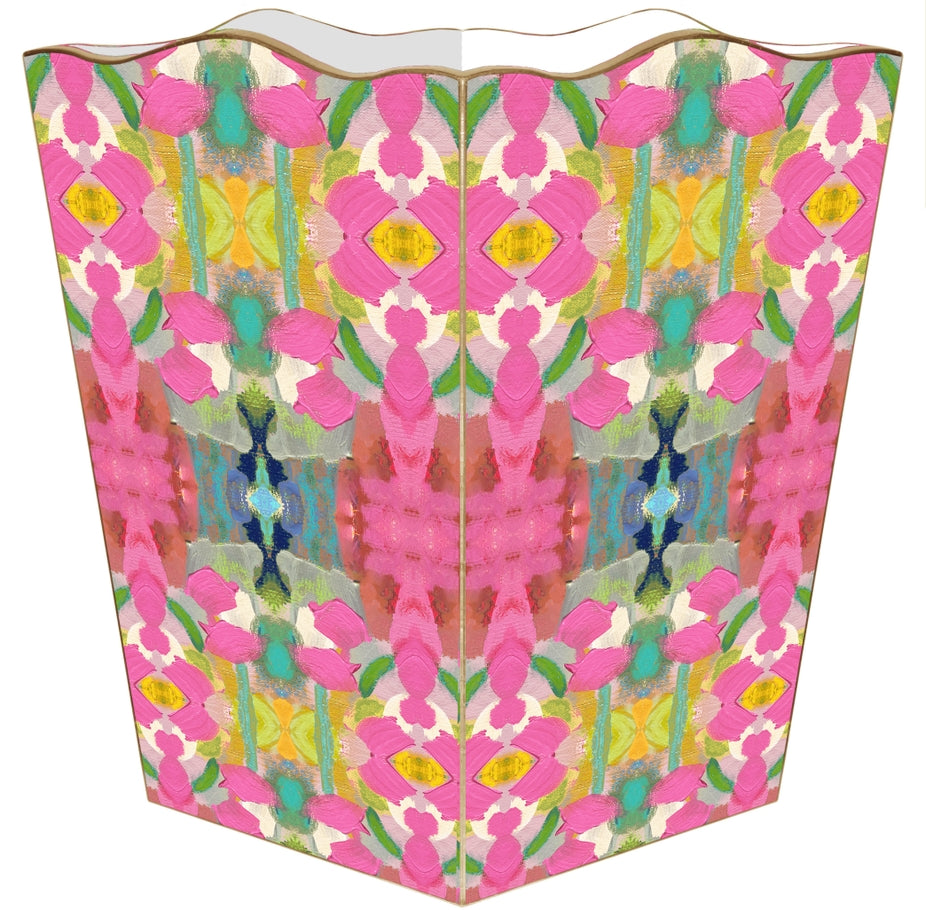 Scalloped-top wastepaper basket in gold with water-resistant exterior.