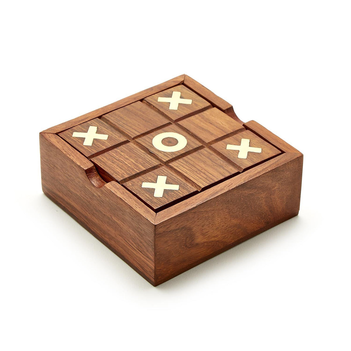 Hand-crafted acacia wood 2-in-1 game set box with brass tic tac toe inlays on the lid.
