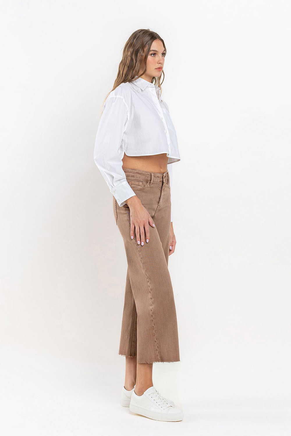 Stella high rise wide leg jeans in comfort stretch denim with raw hem