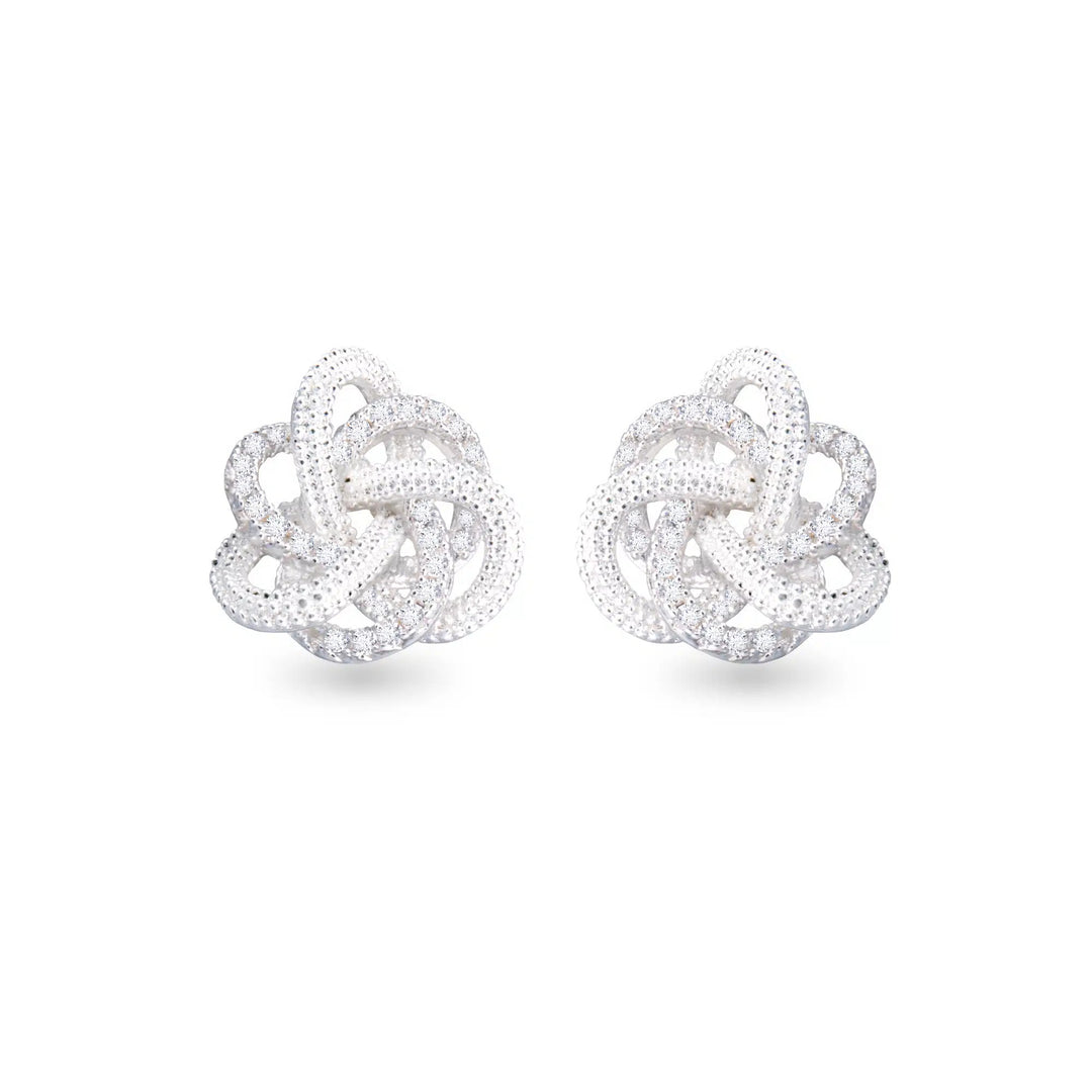 Silver twisted knot stud earrings embellished with sparkling cubic zirconia stones.