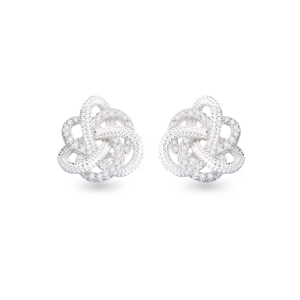 Silver twisted knot stud earrings embellished with sparkling cubic zirconia stones.