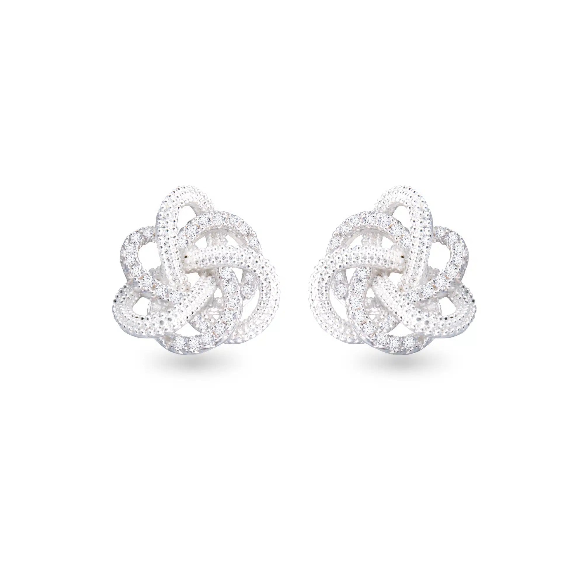 Silver twisted knot stud earrings embellished with sparkling cubic zirconia stones.