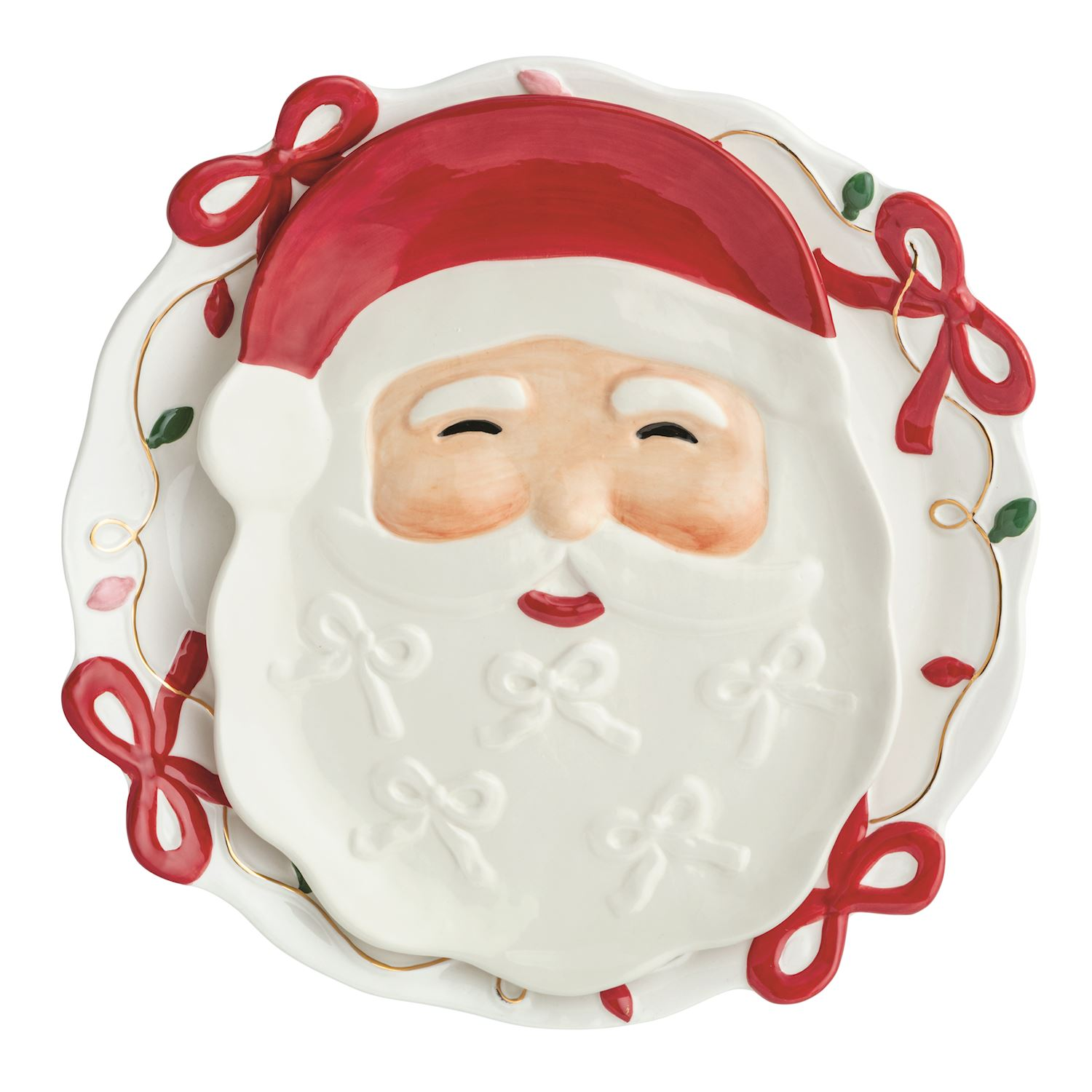 Nested set of two hand-painted ceramic Santa platters with red bows and gold electroplate details.