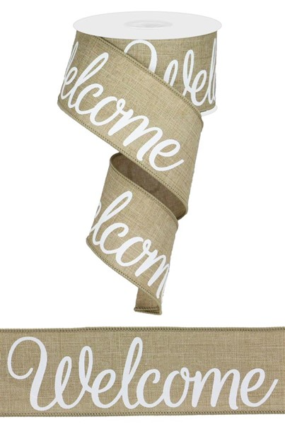 Lt Beige polyester welcome mat with white text reading Welcome On Royal