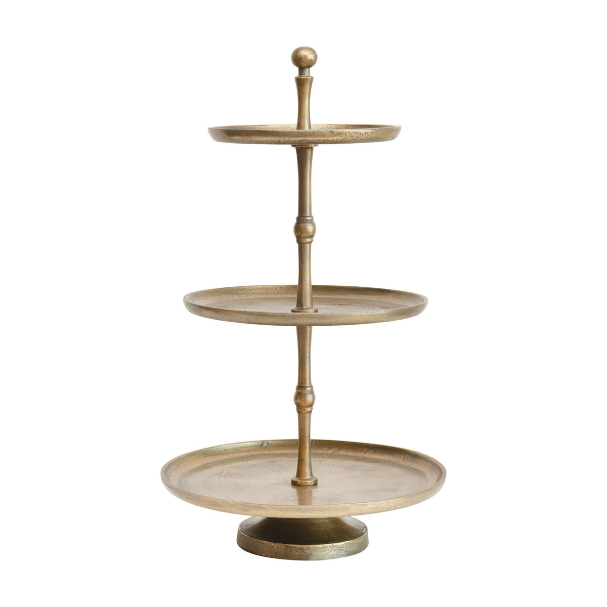 12-inch round cast metal 3-tier tray with an antique gold finish and a decorative center post.