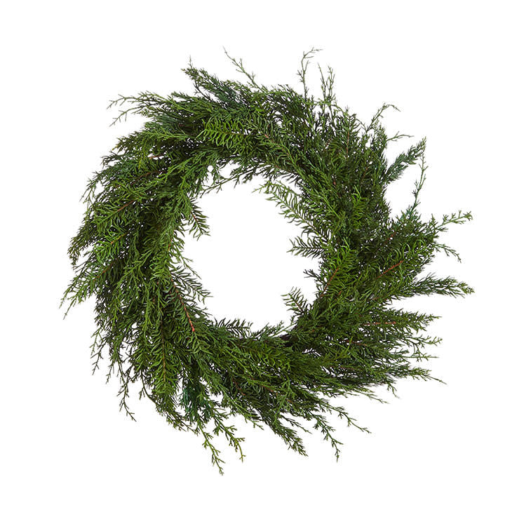 A 28-inch cedar wreath with lush green branches and a natural, circular silhouette.