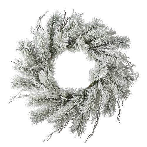30-inch round artificial wreath featuring snowy pine branches and twigs.