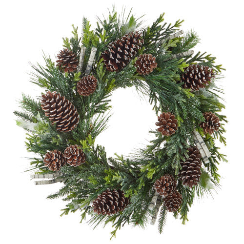 28" Pinecone and Birch Mixed Cedar Wreath