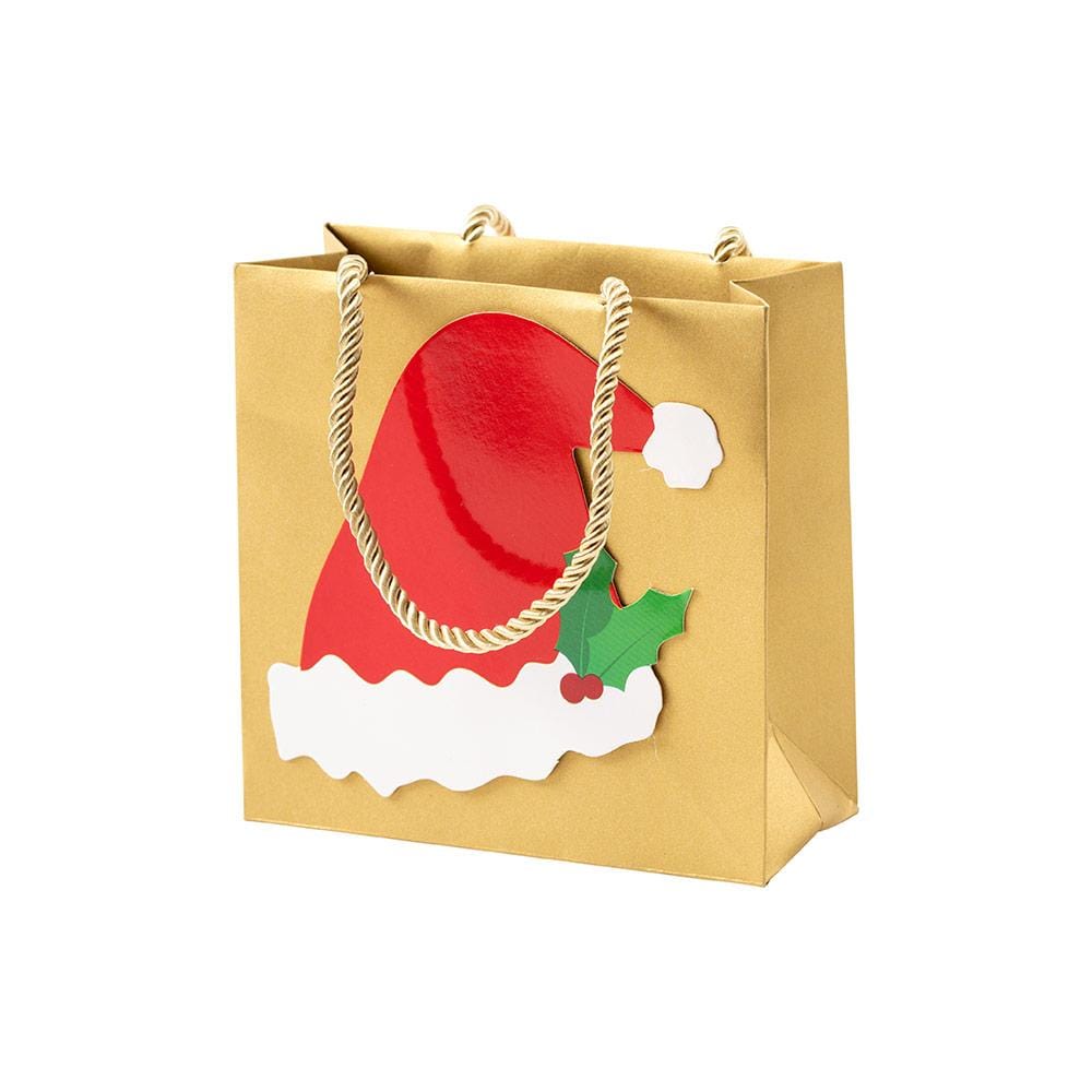 Small gold square gift bag featuring a red Santa hat with holly and white rope handles.