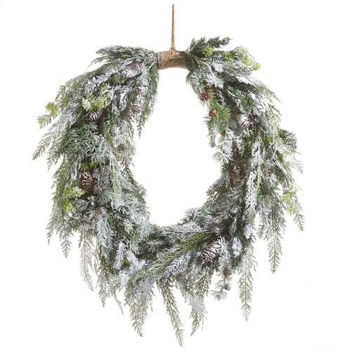36-inch oval holiday wreath featuring flocked cedar branches and pinecone accents.