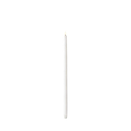 Tall white tapered LED candle with smooth Nordic finish in virgin paraffin wax and ABS plastic.