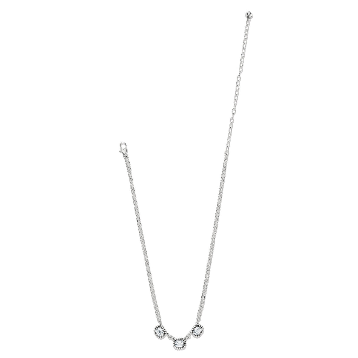 Silver plated Twinkle Luxe Trio Necklace with three faceted crystals and lobster claw closure.