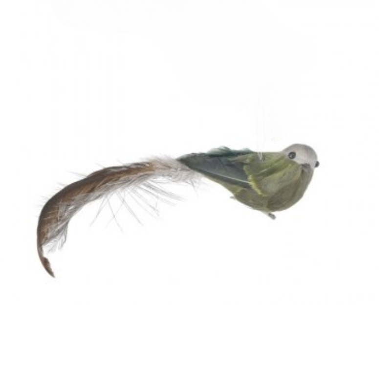 14 inch Deer Valley brown and green feather bird clip ornament with a long tail.
