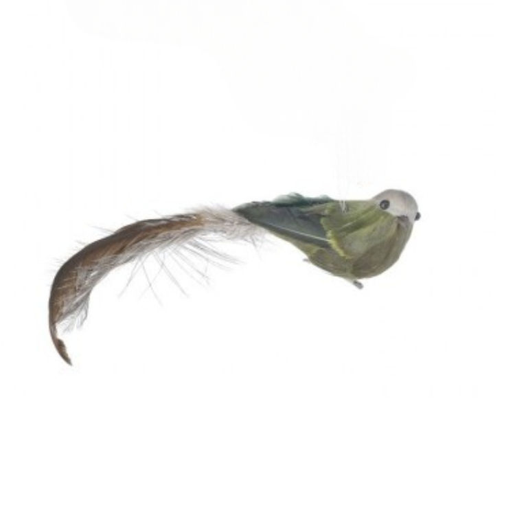 14 inch Deer Valley brown and green feather bird clip ornament with a long tail.