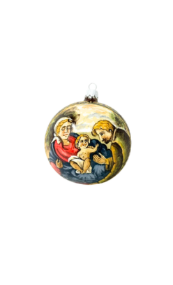 Hand-painted glass Christmas ornament featuring the Holy Family on a gold background.