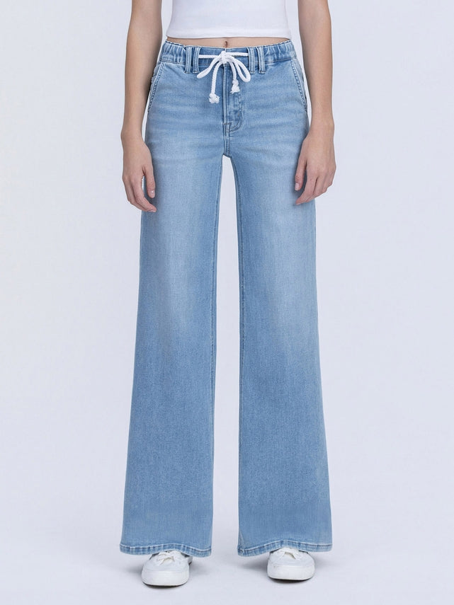 Front view of Maggie high-rise wide-leg jeans in dark wash denim with an elastic waistband and drawstring.