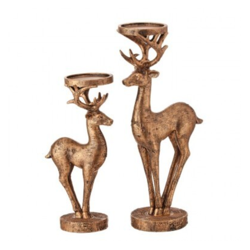 Set of two bronze-finished resin deer candle holders in small and large sizes.