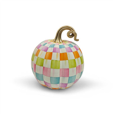 Medium decorative pumpkin with a colorful checkered pattern and a gold curled stem.