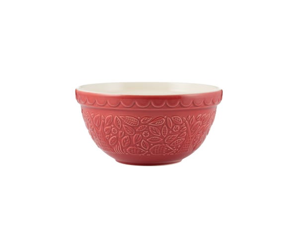 Red ceramic mixing bowl with forest-inspired texture