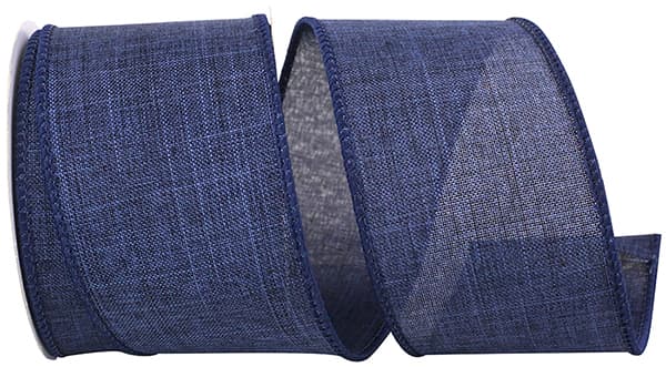 Navy blue 2-1/2 inch wired edge linen ribbon with a subtle grid pattern.