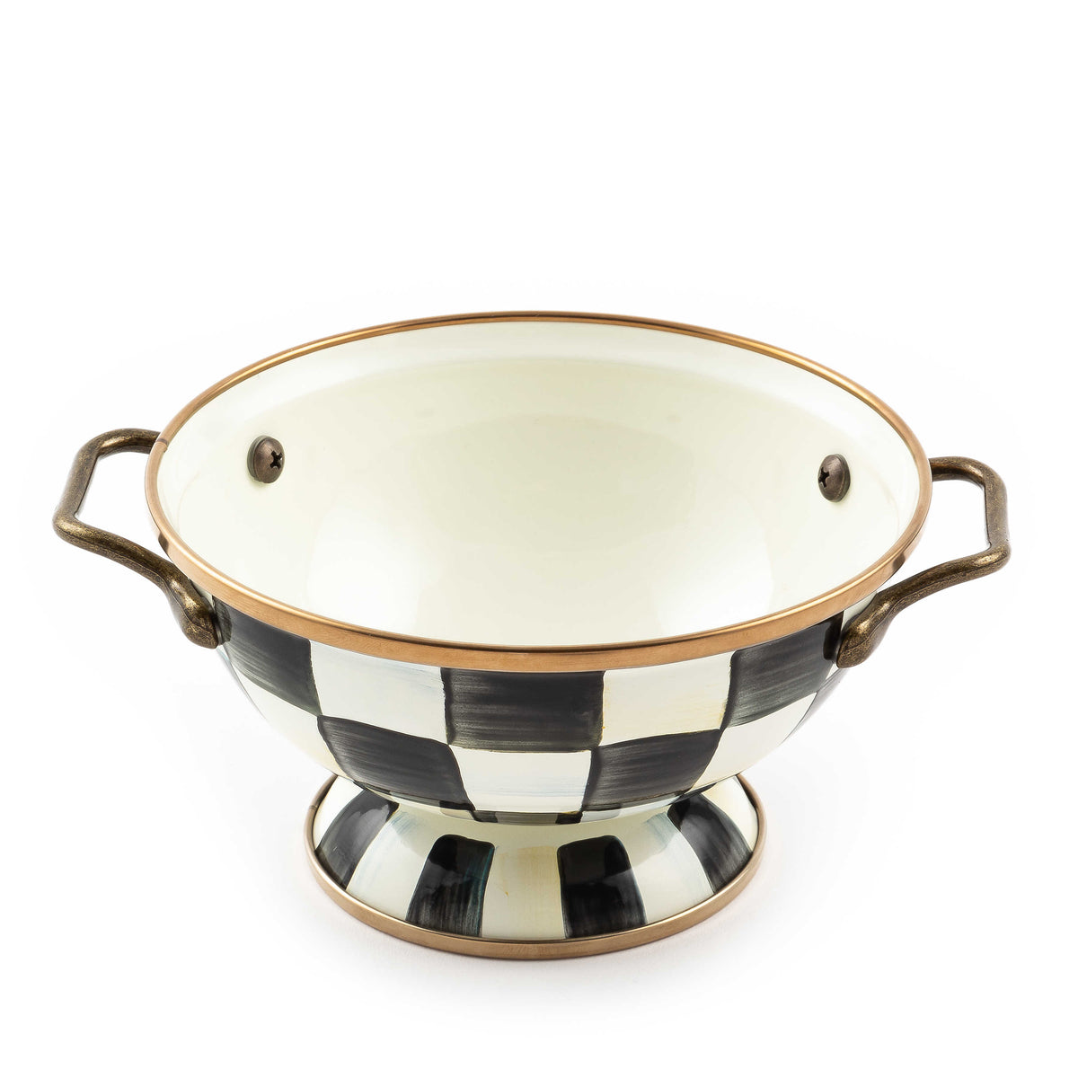 Courtly Check Simply Anything Bowl with hand-painted black and white checks and brass handles.