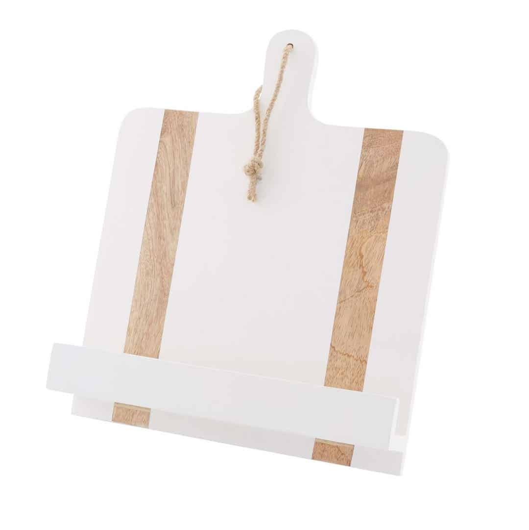 White mango wood paddle-shaped cookbook holder with clean geometric silhouette.