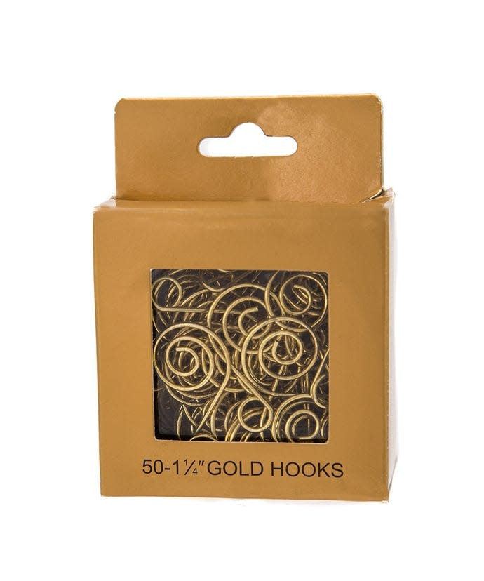 Box of 50 gold-colored wire ornament hooks with a swirled design, measuring 1.25 inches each.