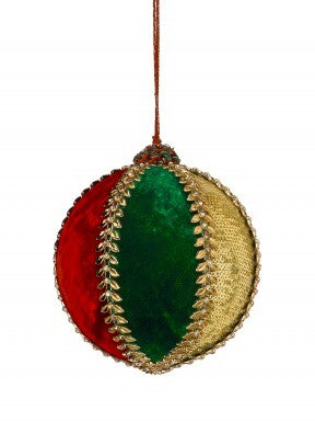 5-inch ball ornament with red and green velvet panels and a gold sequin panel, trimmed in gold.