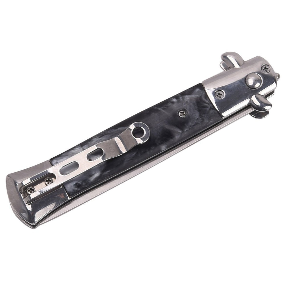 Black stainless steel switch blade beard comb with acrylic handle