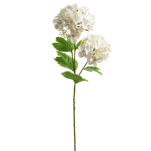 White hydrangea spray with foam and polyester petals measuring 19 inches long.