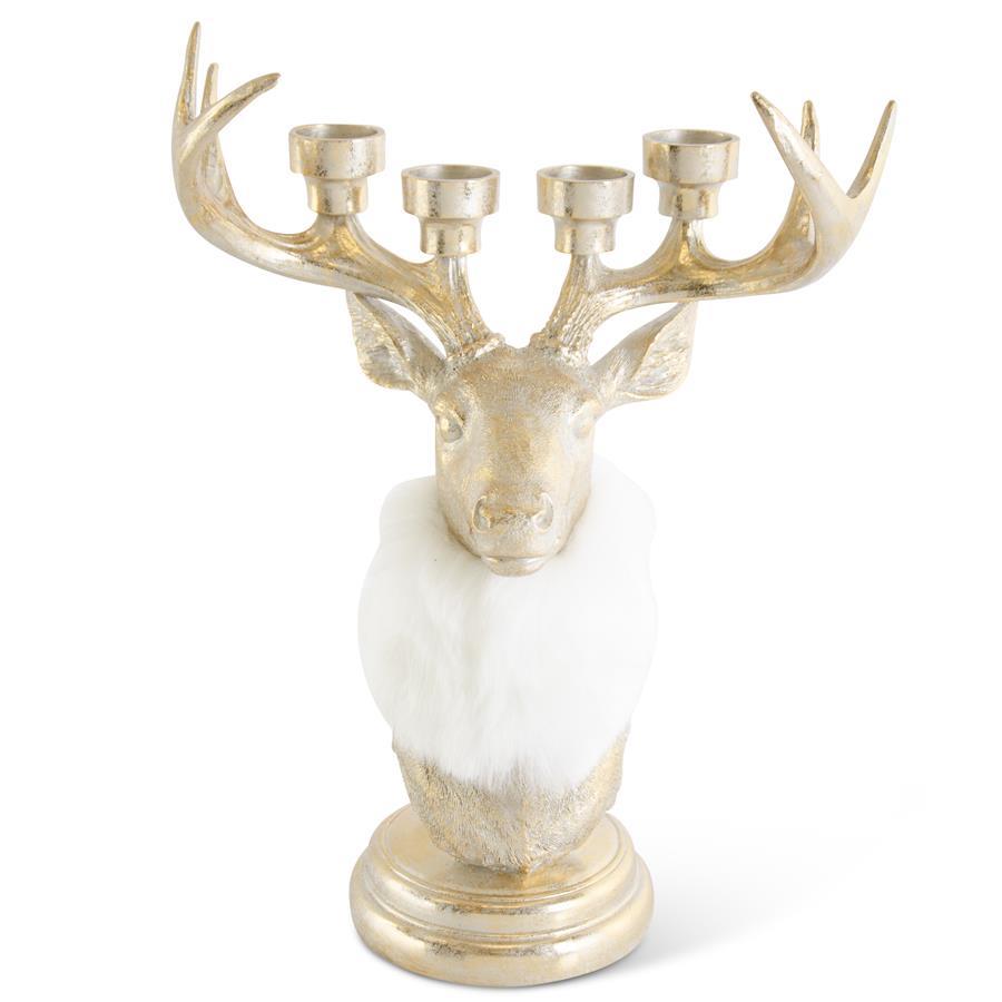 Antique gold deer bust candleholder with cream fur accents holding four taper candles
