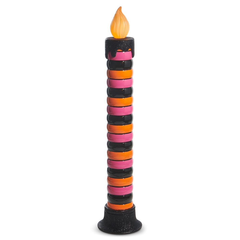 38-inch battery operated candle with pink, orange, and black stripes and a flickering flame tip.