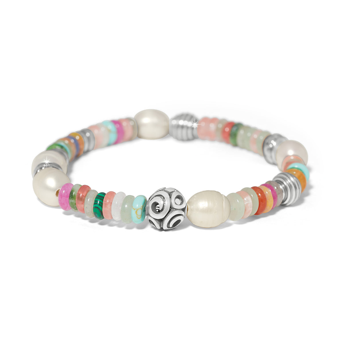 Vertigo Hues stretch bracelet with silver-plated beads, glass pearls, and colorful mixed gemstones.
