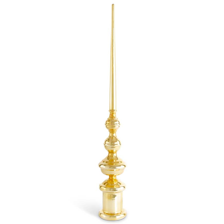 Gold glass finials with a cylindrical shape and reflective surface.
