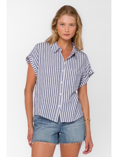 Kirsty striped linen-blend top with collar, chest pocket, cuffed sleeves in light neutral tone.