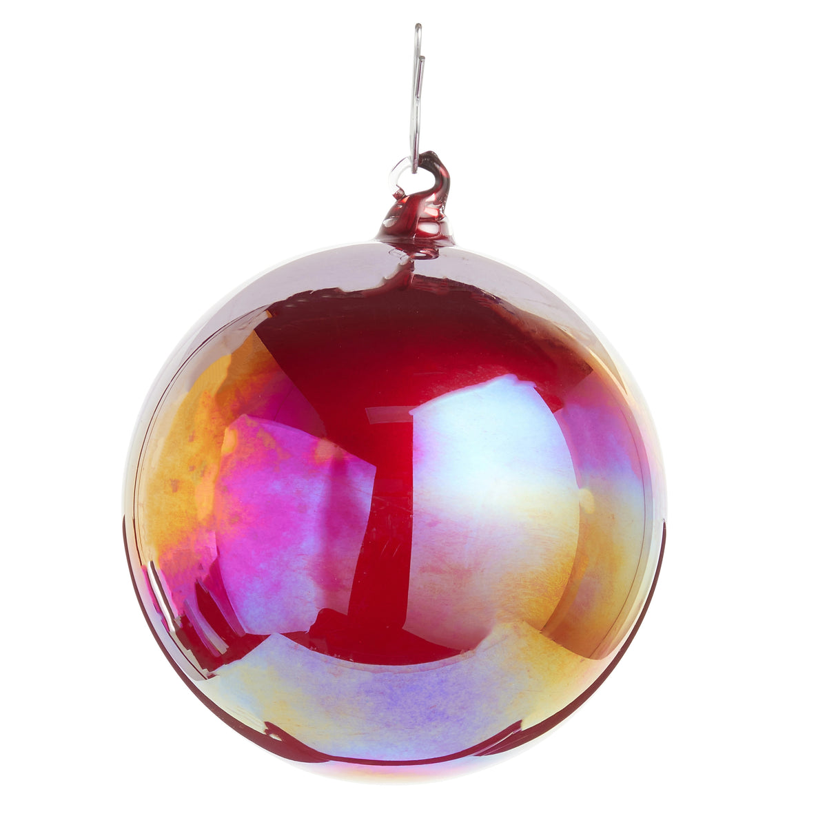 Red iridescent glass ball ornament with a shimmering finish and silver hanging hook.