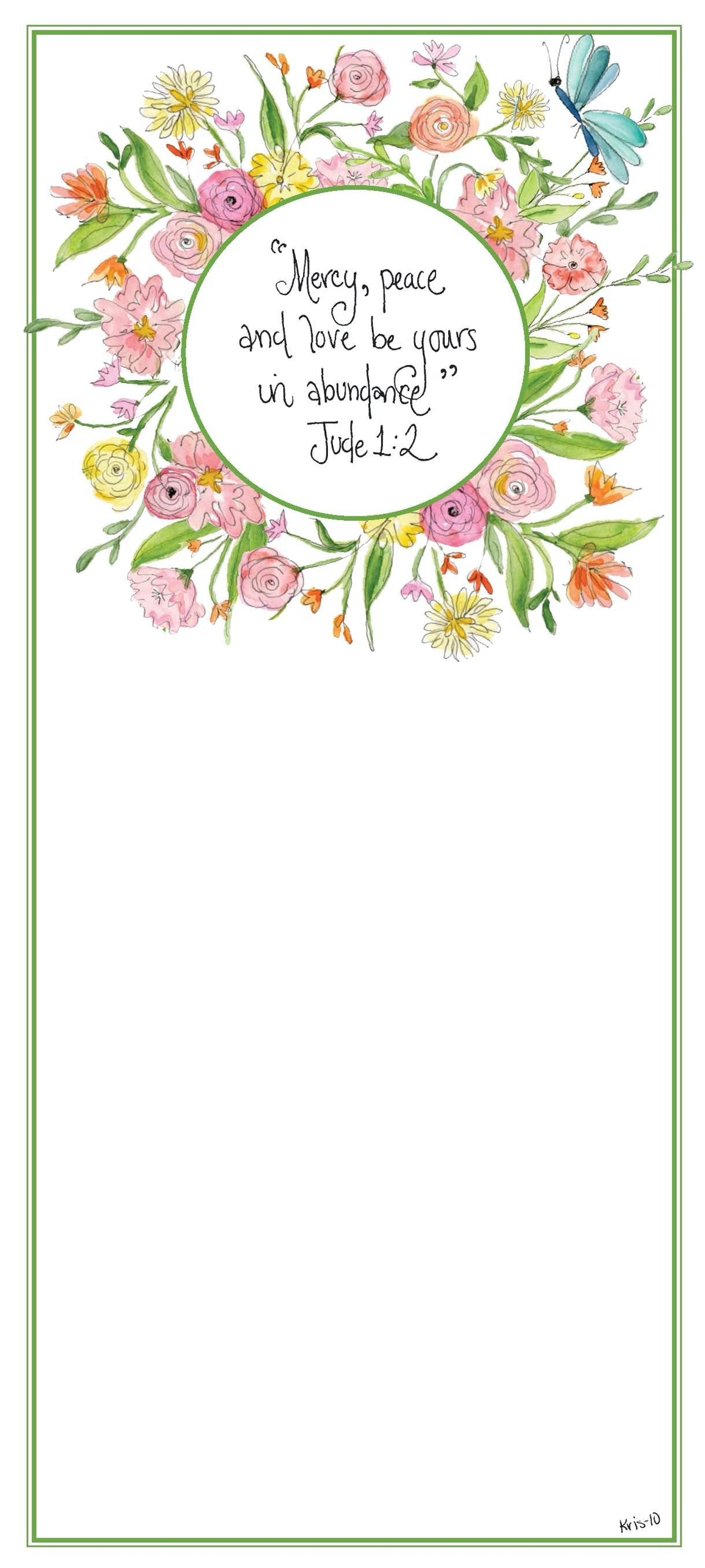 Skinny notepad with floral watercolor design and Bible verse "Mercy, peace and love be yours in abundance" Jude 1:2.