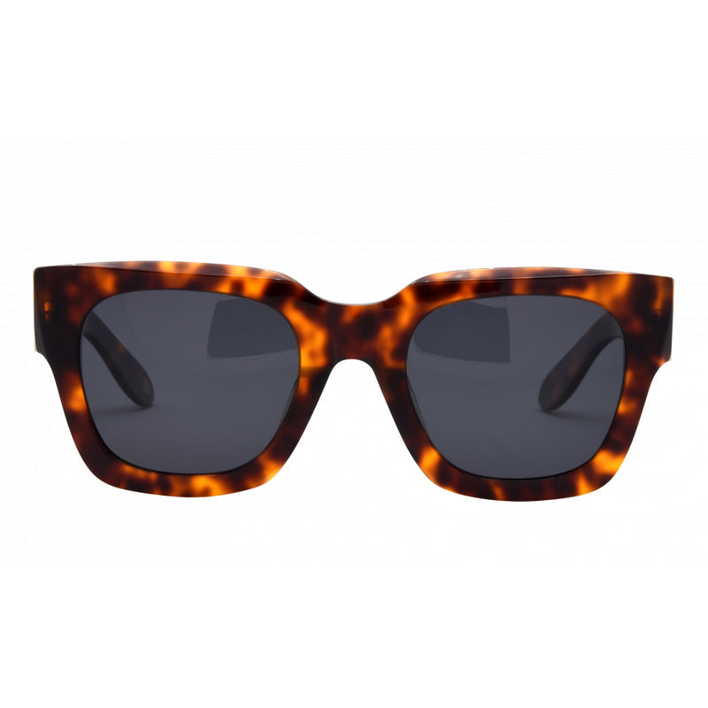 Jolene square tortoiseshell sunglasses with smoke polarized lenses.
