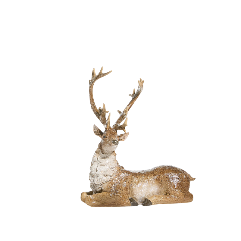 Natural deer figurine made of resin, lying down with large antlers and a rustic woodland finish.