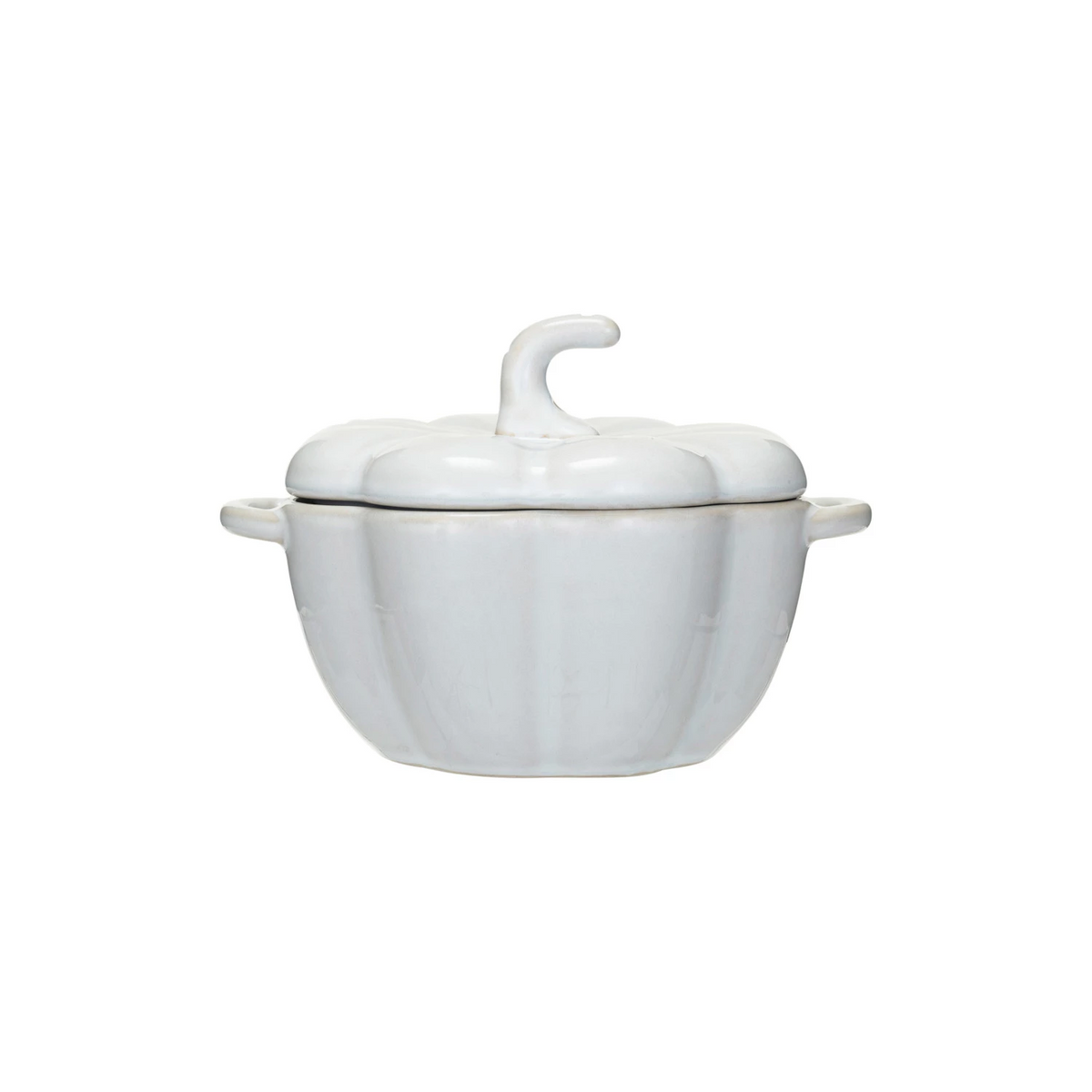 Stoneware pumpkin-shaped baker with handles in natural earth tones