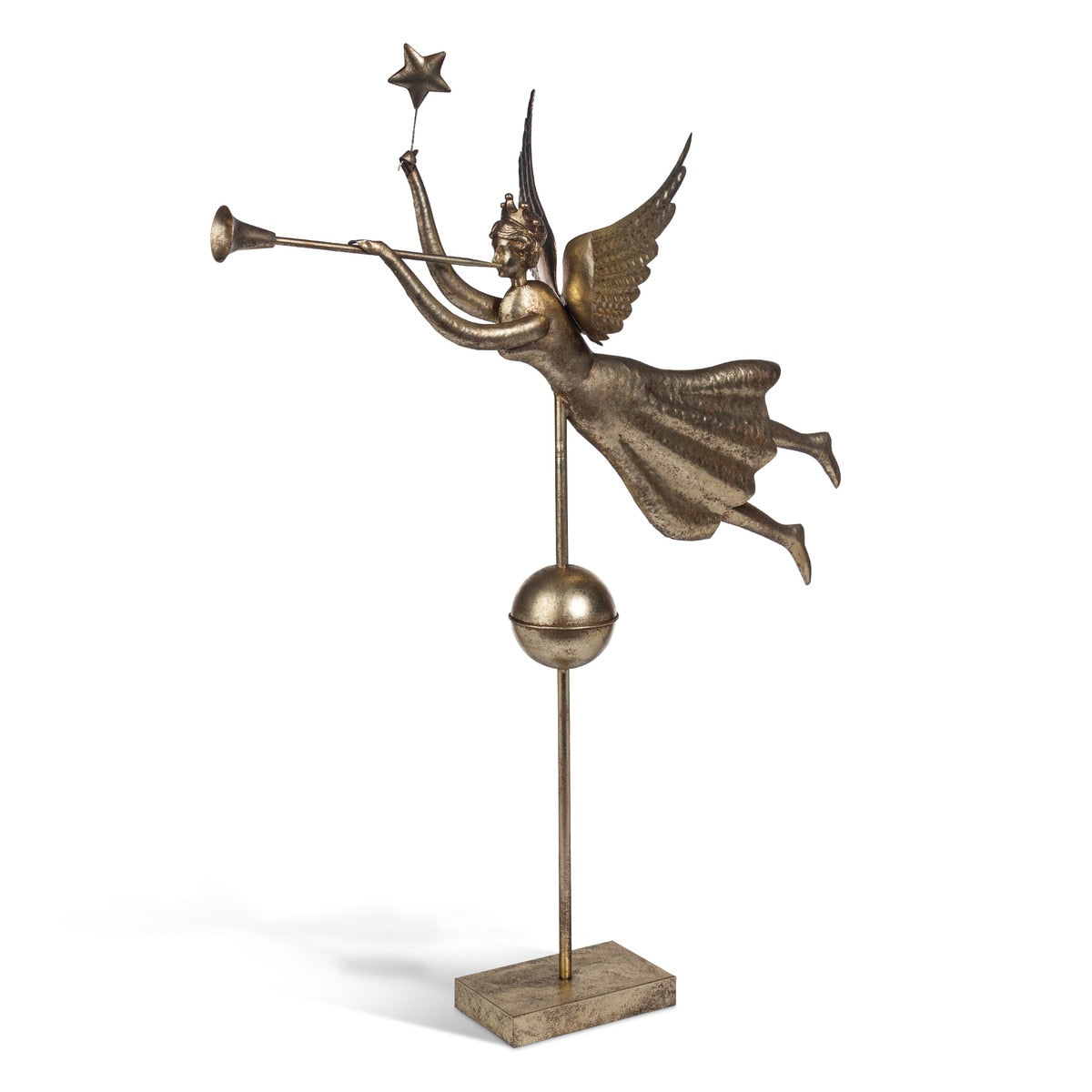 Flying Angel with Trumpet wall art made of black iron featuring a winged silhouette holding a trumpet.