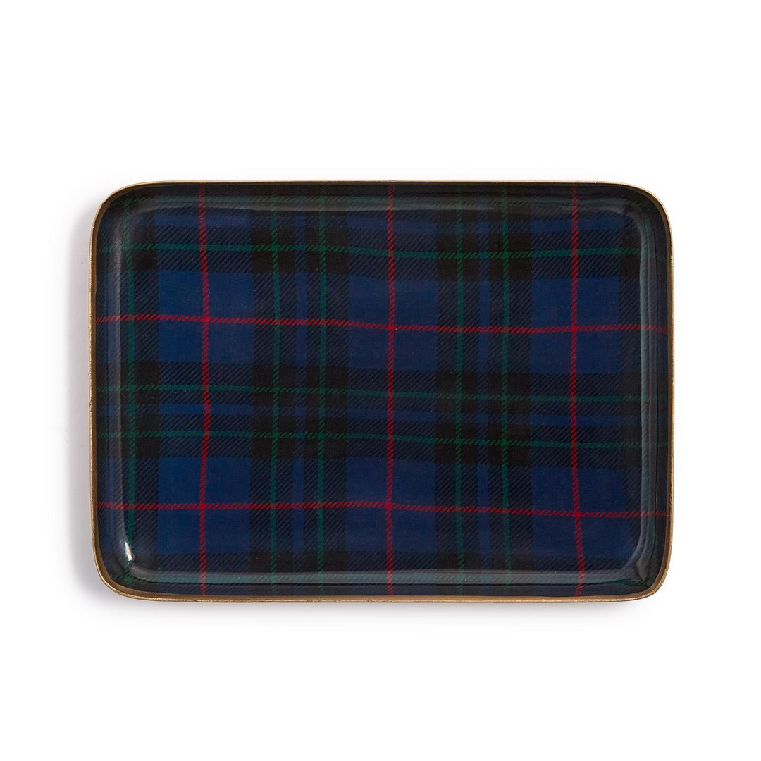 Rectangular metal tray with a blue, green, and red tartan plaid pattern and a gold-toned rim.