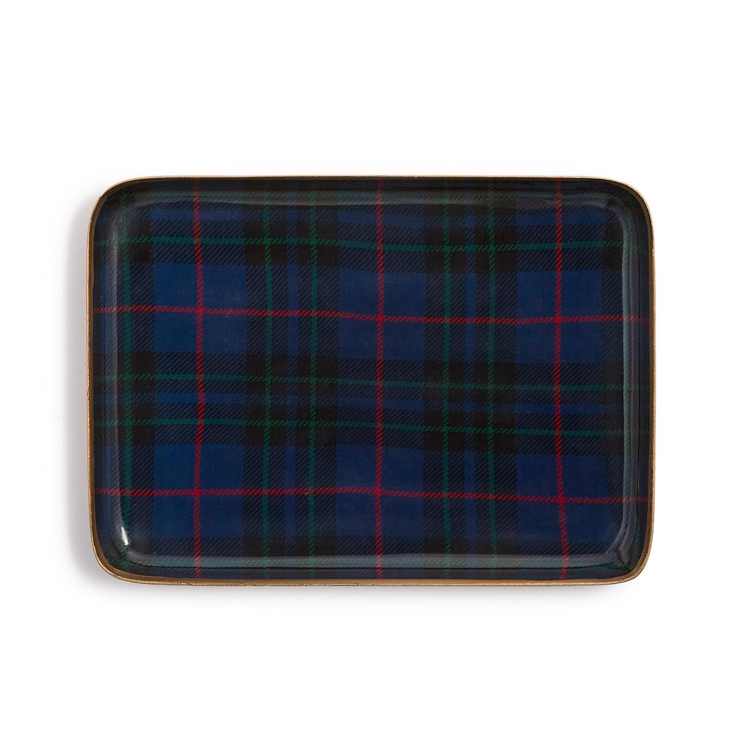 Rectangular metal tray with a blue, green, and red tartan plaid pattern and a gold-toned rim.