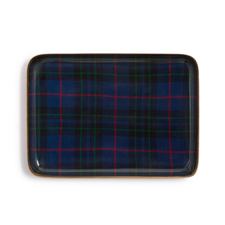 Rectangular metal tray with a blue, green, and red tartan plaid pattern and a gold-toned rim.