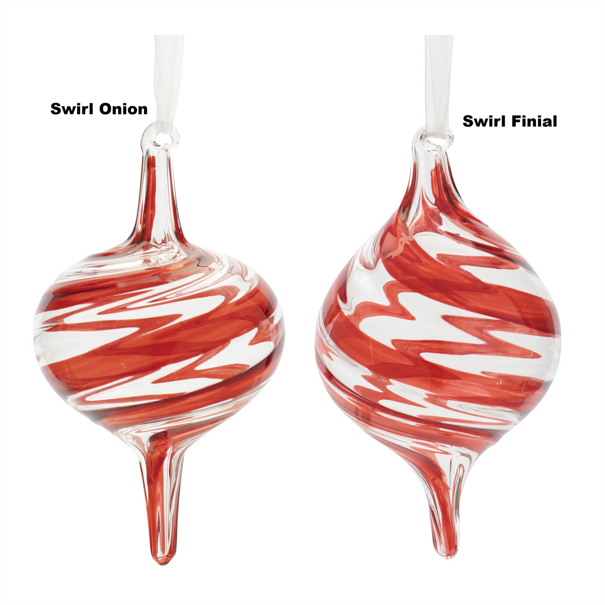 Two glass drop ornaments with red and white swirls, labeled Swirl Onion and Swirl Finial.